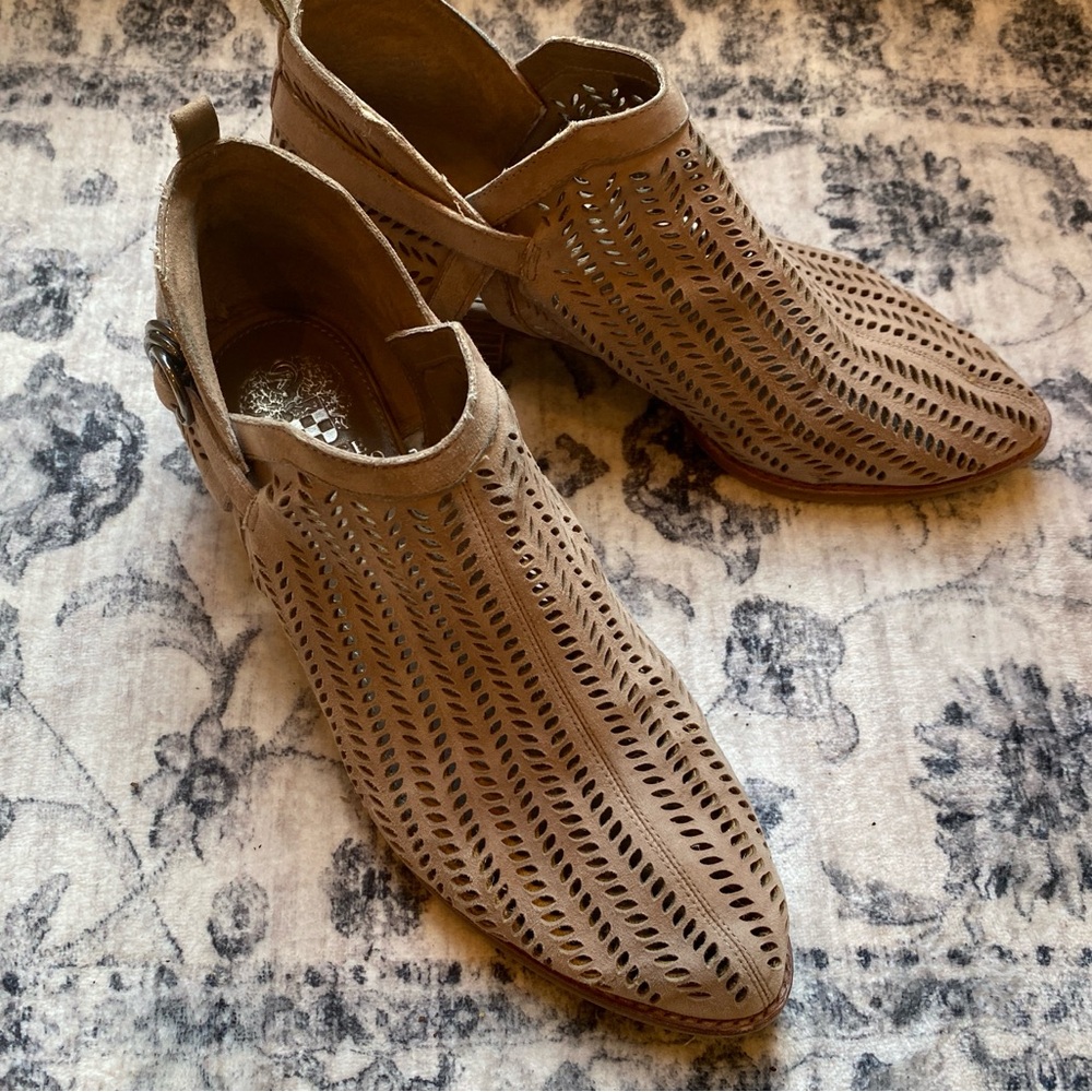 Vince Camuto Perforated Tan Leather Suede Ankle Booties